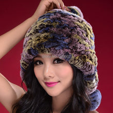 Load image into Gallery viewer, Knitted Real Rabbit Fur Hat Beanie Earmuff Bomber Hat  Women&#39;s Winter Hats 14606