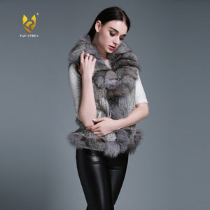 Natural Rabbit Fur Vest Big Fox Fur Collar Jacket Coat