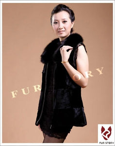 Natural Rabbit Fur Vest Fox Fur Collar Waistcoat Coat Jacket