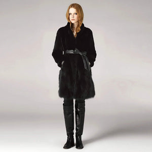 Natural Rabbit Fur Overcoats with Fox Fur Overcoat Belt Slim Winter Coat