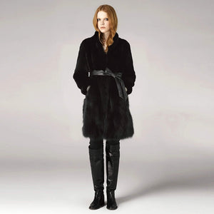 Natural Rabbit Fur Overcoats with Fox Fur Overcoat Belt Slim Winter Coat