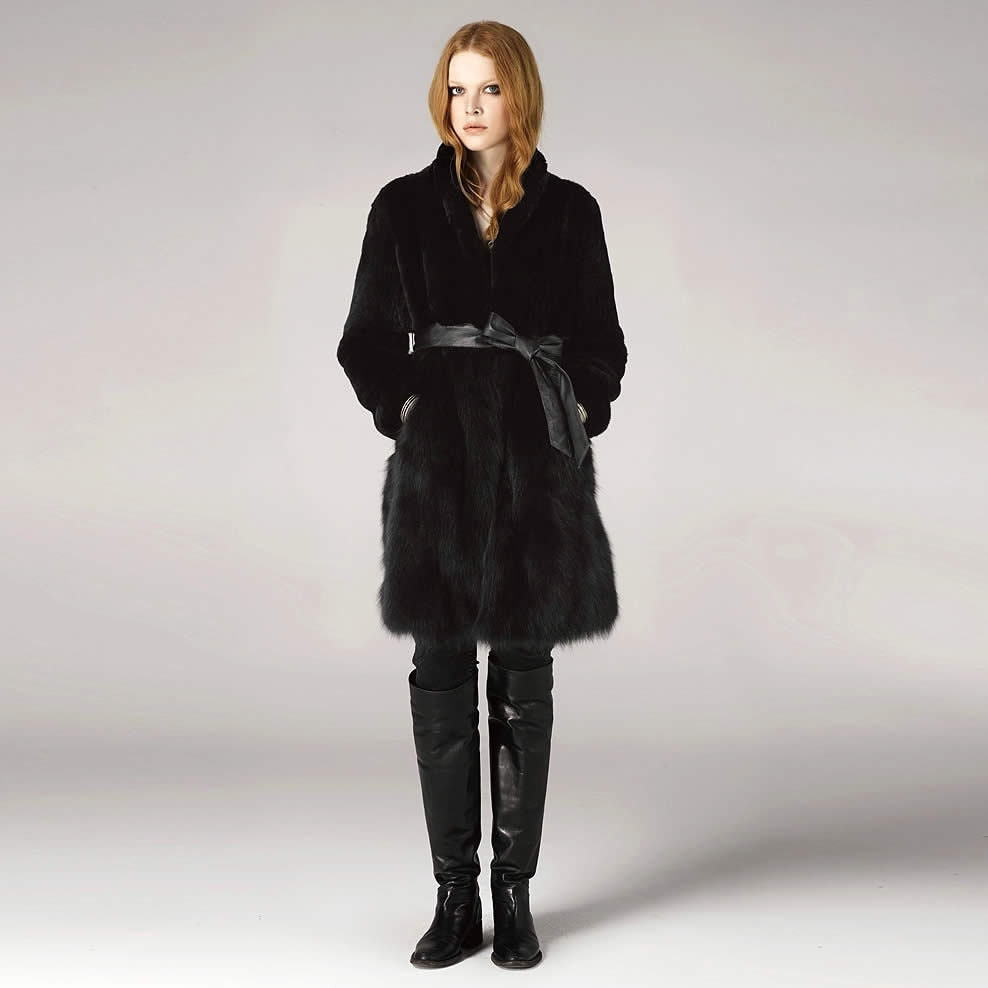 Natural Rabbit Fur Overcoats with Fox Fur Overcoat Belt Slim Winter Coat