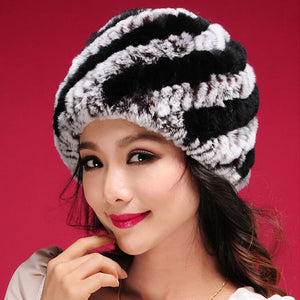 Women Knitted Real REX Rabbit Fur Hat Skullies Beanie Headgear 060108