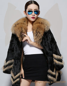 Natural Rabbit Fur Coat Supper Big Raccoon Fur Collar Women Overcoat Winter Outwear