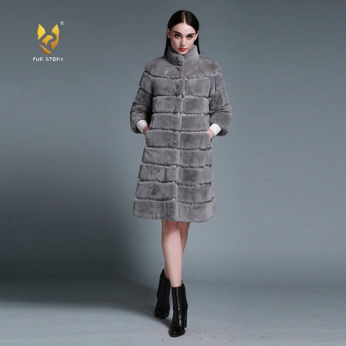 Natural Rex Rabbit Coat Women Grace Long Overcoat Jacket Winter Outerwear