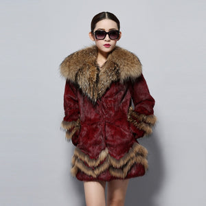 Natural Rabbit Fur Coat Supper Big Raccoon Fur Collar Women Overcoat Winter Outwear