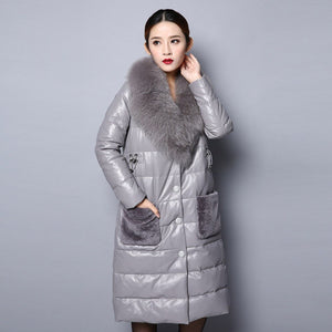 Genuine Leather Down Coat for Women with Big Fox Fur Collar Jacket 151243