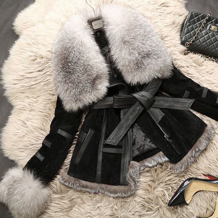 Genuine Leather Coat Full Pelt Fox Fur Collar Collar and Sleeve Cuff Jacket