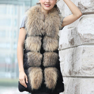 Real Fur Guarantee Women's Rabbit Fur Vest with Big Raccoon Collar Natural Fur Waistcoat Fur Story FS15274