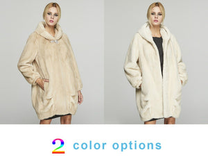 Fur Story FS18118 Women's Genuine Mink Fur Long Coat Winter Warm Hood Cocoon Jacket