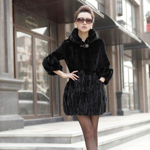 Winter Natural Knitted Mink Fur Hood Coat Female Overcoat