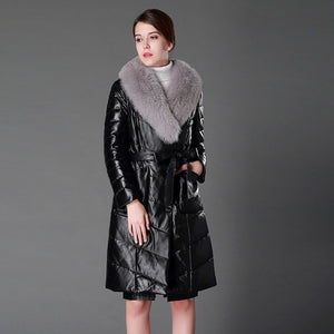 Women's Genuine Leather Coat with Fox Fur collar Down Stuffing Leather Coat 161194