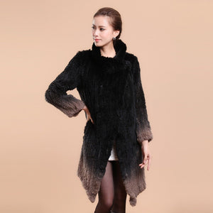 Real Knitted Rabbit Fur Long Coat Two-wear Trench Coat Gradient Color Pattern Overcoat Winter' Dress Furstory FS13067