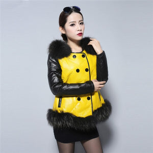 Women's Genuine Leather Coat Down Jacket with Real Fox Fur Collar Leather Coats Female