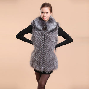 Silver Fox Fur Vest with Fur Collar Waistcoat Long Jacket Winter Overcoat  Women Dress