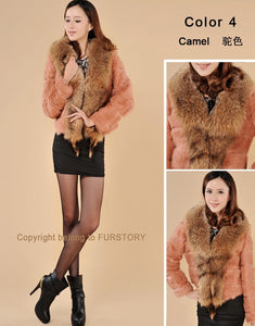 Rabbit Fur Coat Women's with Big Raccoon Fur Collar Real Natural Fur Coats Female