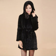 Load image into Gallery viewer, Women&#39;s Genuine Knitted Mink Fur Coat Hooded with Belt Long Real Fur Coat 15180