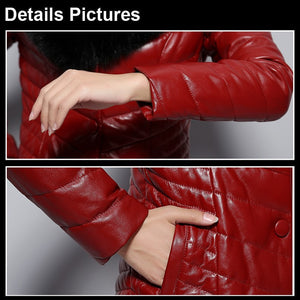 Genuine Leather Coat Female with Real Fox Fur Collar Outwear Winter Women's Down Coat
