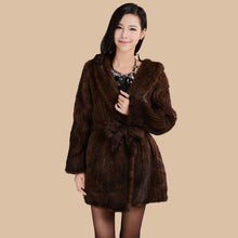 Load image into Gallery viewer, Women&#39;s Genuine Knitted Mink Fur Coat Hooded with Belt Long Real Fur Coat 15180