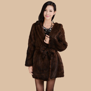 Women's Genuine Knitted Mink Fur Coat Hooded with Belt Long Real Fur Coat 15180