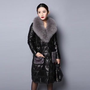 Genuine Leather Down Coat for Women with Big Fox Fur Collar Jacket 151243