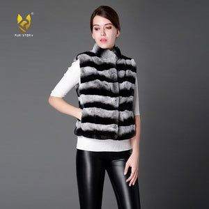 Women Vest Real Rex Rabbit Fur Waistcoat Chinchilla Color Natural Fur Vest Female 16206