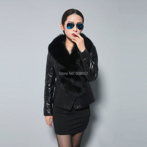 Genuine Sheep Leather Down Jacket Fox Fur Collar Thick Jacket Winter Overcoat