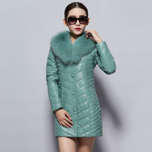 Genuine Leather Coat Female with Real Fox Fur Collar Outwear Winter Women's Down Coat