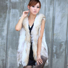 Load image into Gallery viewer, Long Women&#39;s Knitted Natural Rabbit Fur Vest Raccoon Fur Collar Hood Trim