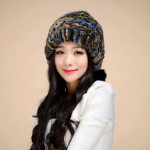 Load image into Gallery viewer, Women&#39;s Tight Knitted Real REX Rabbit Fur Hat Beanie Fur Fox Fur Pompom 14605