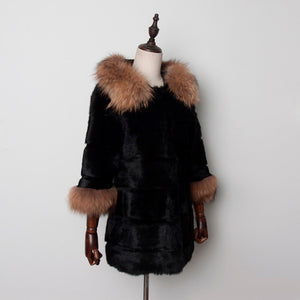 Woman's  Real Rabbit Fur Coat Raccoon Fur Collar & Cuff Hood Overcoat   010129L