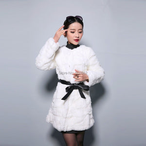 natural Rabbit Fur Coat Full Sleeve Overcoat Women Outerwear Winter 110cm Length