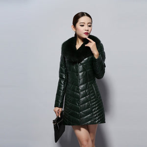 Genuine Leather Coat Female with Real Fox Fur Collar Outwear Winter Women's Down Coat