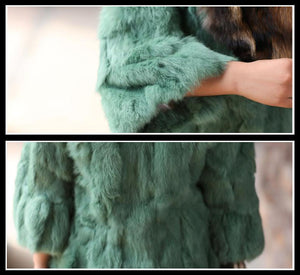 Natural Rabbit Fur Coat Jacket Real Raccoon Dog Fur Collar Trim Thick Jacket