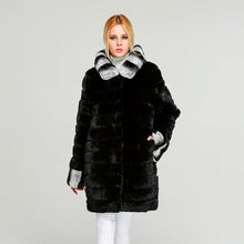 Load image into Gallery viewer, Fur Story FS18134 Women's Genuine Rabbit Fur Coat Women Chinchilla Color Trim Hood and Cuffs Overcoat