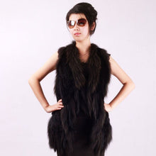Load image into Gallery viewer, Women&#39;s Real Rabbit Fur Vest with Raccoon Collar Long Tassel Knitted Fur Vest Female