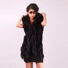 Load image into Gallery viewer, Long Women&#39;s Knitted Natural Rabbit Fur Vest Raccoon Fur Collar Hood Trim