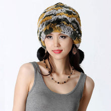 Load image into Gallery viewer, Women&#39;s Tight Knitted Real REX Rabbit Fur Hat Beanie Fur Fox Fur Pompom 14605