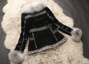 Genuine Leather Coat Full Pelt Fox Fur Collar Collar and Sleeve Cuff Jacket