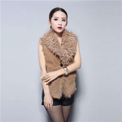 Women's Genuine Pig Leather Suede Vest with Real Lamb Fur Collar