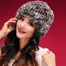 Load image into Gallery viewer, Women Knitted Real REX Rabbit Fur Hat Skullies Beanie Headgear 060108