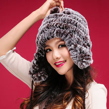 Load image into Gallery viewer, Real knitted Rex rabbit fur hat Beanie skullies cap ear muff earwarmer 060123