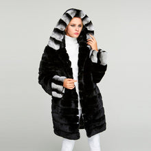 Load image into Gallery viewer, Fur Story FS18134 Women's Genuine Rabbit Fur Coat Women Chinchilla Color Trim Hood and Cuffs Overcoat