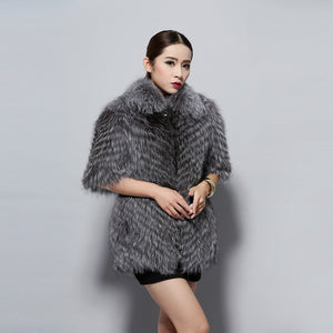 Women's Silver Fox Fur Coats with Fur Collar Puff Overcoat Winter Jackets Female Dress