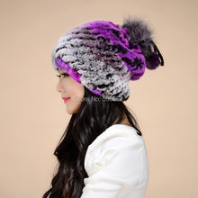 Load image into Gallery viewer, Real Rex Rabbit Fur Hat Double-use Scarf  Cap Fox Fur Decoration Pompom 14604