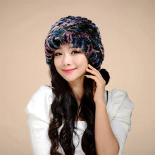 Load image into Gallery viewer, Women&#39;s Tight Knitted Real REX Rabbit Fur Hat Beanie Fur Fox Fur Pompom 14605