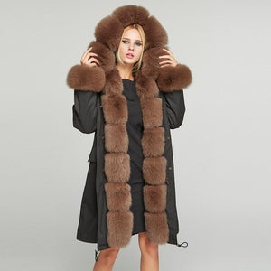 Fur Story FS18113 Women's Windproof Long Parka Detachable Rabbit Fur Lining Big Hood Jacket Fur Cuffs and Placket