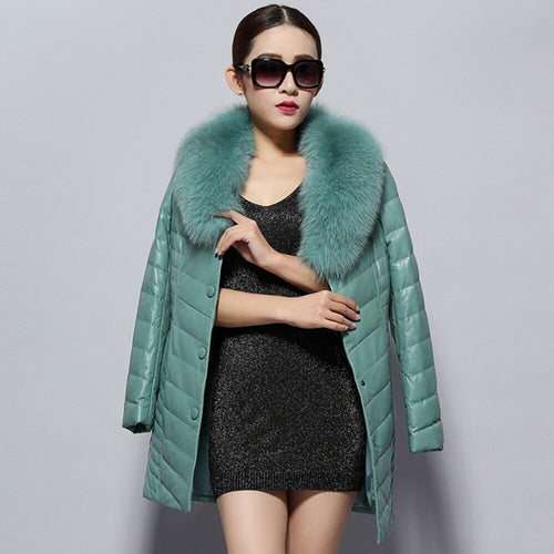 Genuine Leather Coat Female with Real Fox Fur Collar Outwear Winter Women's Down Coat