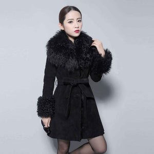 Lamb Fur Collar Coat Top Grade Genuine Sheep Leather Full Sleeve Jacket