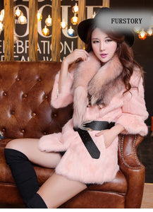 Natural Rabbit Fur Coat Jacket Real Raccoon Dog Fur Collar Trim Thick Jacket